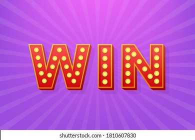 Retro light text win. Retro light bulb. Vector stock illustration.