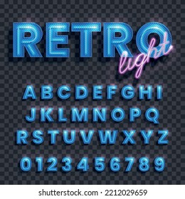 Retro light transparent background with illuminated blue latin alphabet and numbers realistic vector illustration