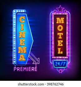 Retro light vertical signs with cinema and motel emblems isolated vector illustration