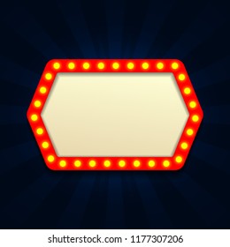 Retro Light Vintage signboard, cinema , billboard with lightbulp vector illustration