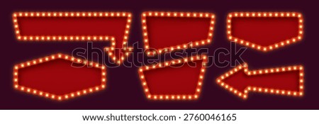 Retro lightbox billboard, quiz party and lottery signboard, light bulb marquee frame, circus board, arrow and banner frames with glowing lightbulb border. Vector vintage Illuminated red cinema panels