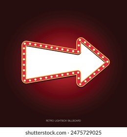 Retro lightbox billboard template, Arrow banner advertising, promotion and sale signs. Movie theater light frames.