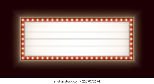 Retro lightbox with light bulbs isolated on a dark background. Vintage theater signboard mockup. Red commercial announcement banner.