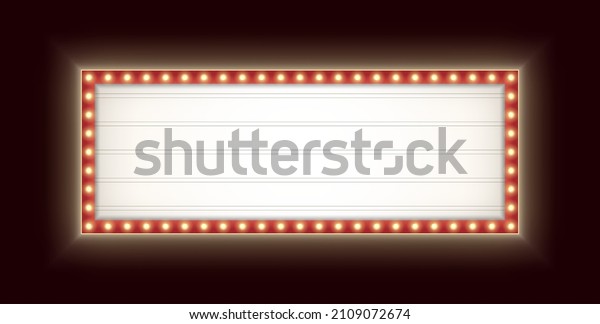 Retro lightbox with light bulbs isolated on a\
dark background. Vintage theater signboard mockup. Red commercial\
announcement banner.