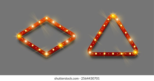 Retro lightbox signboard with realistic lightbulb. Vector frames with electric light lamps for party poster or banner advertising. Vintage decoration in geometric form of rhombus and triangle