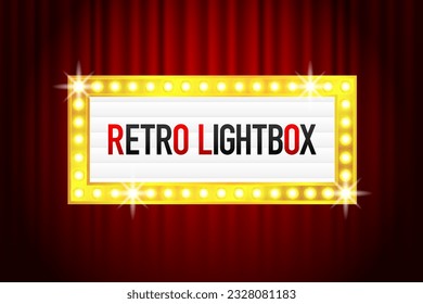 Retro lightbox template with light bulbs. Board isolated on background. Banner advertising, party, promotion and sale billboard, cinema or restaurant. Vector illustration.