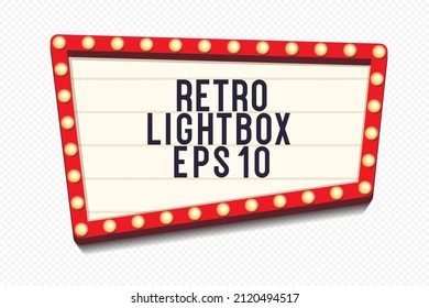 Retro lightbox template with lightbulb realistic style isolated on transparent background for party poster, banner advertising, promotion and sale billboard, cinema, bar show or restaurant. Vector 10 