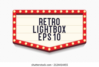 Retro lightbox template with lightbulb realistic style isolated on transparent background for party poster, banner advertising, promotion and sale billboard, cinema, bar show or restaurant. Vector 10 