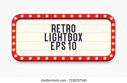 Retro lightbox template with lightbulb realistic style isolated on transparent background for party poster, banner advertising, promotion and sale billboard, cinema, bar show or restaurant. Vector