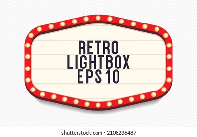 Retro lightbox vector 3d realistic template with lightbulb isolated on transparent background for party poster, banner advertising, promotion and sale billboard, cinema, bar show or restaurant. 10 eps