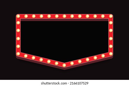 Retro lightbox vector frame realistic style with lightbulb isolated on black background for party poster, banner advertising, promotion and sale billboard, cinema, bar show. 10 eps