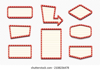 Retro lightbox vector template different shape with lightbulb isolated on transparent background for party poster, banner advertising, promotion and sale billboard, cinema, bar show or restaurant. 10 