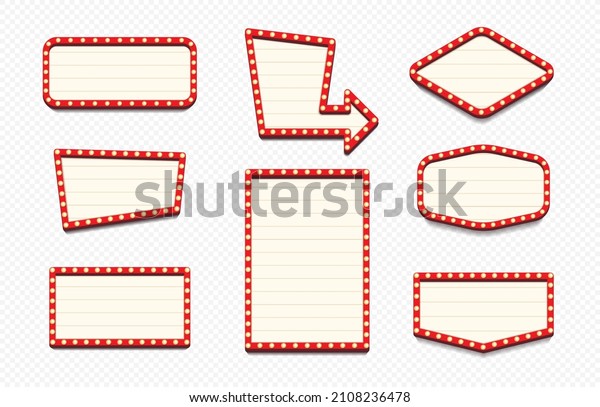 Retro lightbox vector template different shape with\
lightbulb isolated on transparent background for party poster,\
banner advertising, promotion and sale billboard, cinema, bar show\
or restaurant. 10 