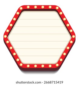 Retro lightbox vector template hexagon shape with lightbulb isolated on white background for party poster, banner advertising, promotion and sale billboard, cinema, bar show or restaurant