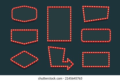 Retro lightbox vector template set realistic style with lightbulb isolated on black background for party poster, banner advertising, promotion and sale billboard, cinema, bar show or restaurant. svg