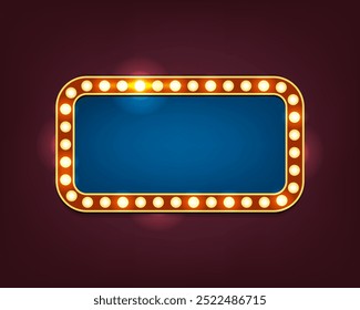 Retro lightbox or vintage advertising board. Vector background for casino or movie, broadway theater or restaurant promotion. Sign or signboard for vegas. Nightclub or club signage.Empty, blank banner