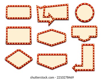 Retro lightboxes, cinema signs or billboard signage. Vector movie theater light frames. Retro lightboxes and signboards for circus show, Vegas casino club, vintage light bulb boxes, banners and arrows svg