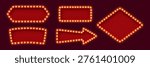 Retro lightboxes or light bulb marquee frames of Broadway billboard and circus board, vector signage. Retro lightbox with arrow for casino or cabaret and cinema movie theater banner with lamps frame
