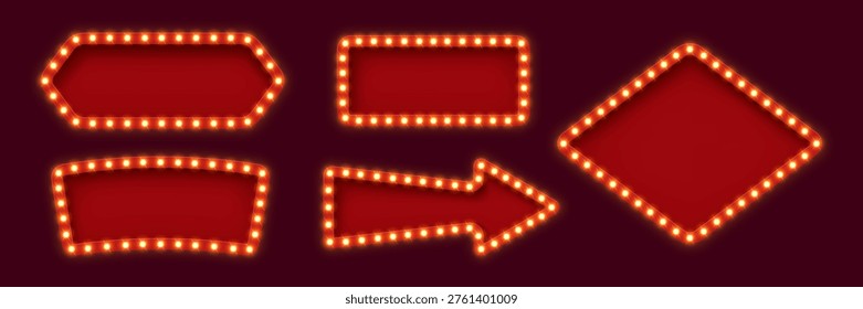 Retro lightboxes or light bulb marquee frames of Broadway billboard and circus board, vector signage. Retro lightbox with arrow for casino or cabaret and cinema movie theater banner with lamps frame