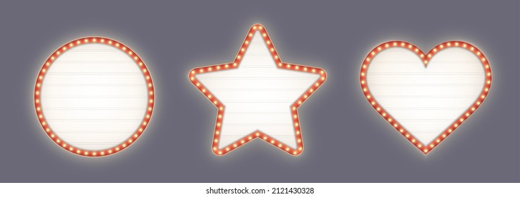 Retro lightboxes, red marquee billboards - circle, star and heart shapes with yellow light bulbs