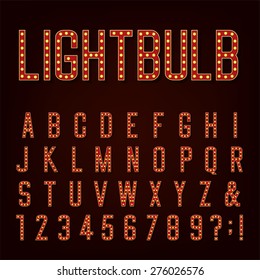 Retro Lightbulb Alphabet Vector Font
Type letters, numbers and punctuation marks. Lightbulb letters on dark background.