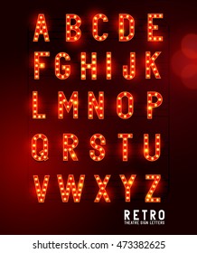 Retro Lightbulb Glowing Theatre And Cinema Sign Letters. Vector Alphabet.