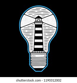 Retro lighthouse in bulb. Vintage design for t-shirt. White emblem. Authentic print. Monochrome logo.