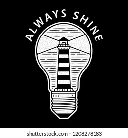 Retro lighthouse in bulb. Vintage design for t-shirt. White emblem. Authentic print. Monochrome logo.