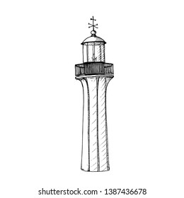 Retro Lighthouse logo template design. illustration. beacon, sea-light, pike, light tower, guiding light, seamark. Ink pen sketch isolated. Hand drawn. Nautical sign. print, web decoration Age of sail