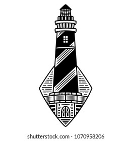 Retro lighthouse. Vintage design for t-shirt. Black emblem. Authentic print. Monochrome logo.