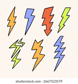 Retro Lightning Bolt logotipo negrito. Comic Light Energy Flash Power Set. Ilustração de vetor