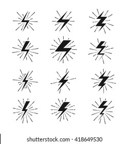 Retro lightning bolt signs with sunburst effect. Lightning sign set and electric lightning thunder. Vector illustration