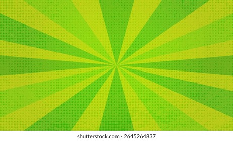 Retro lime green sun rays on halftone bg. Pop art comic cartoon background. Vintage sunburst effect. Vector illustration. EPS 10.