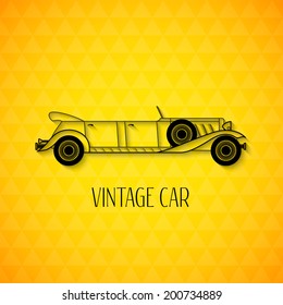Retro limousine vintage car with shadow isolated on triangle geometric texture, classic garage sign vector illustration background can be used for design, card, infographic