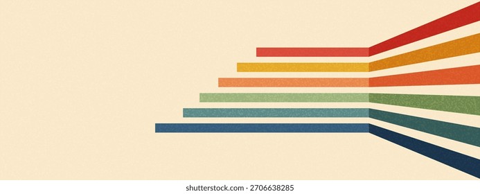 Retro Linie abstrakter Hintergrund mit Regenbogen Perspektive Streifen auf Vintage Beige. Geometrische 70er Jahre Bänder, Bänder in groovy Farbpalette schaffen dimensionalen Pfad Effekt. Vektorparallelwellen