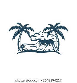 Illustration de plage d'art rétro avec vague et palmiers