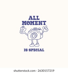 Retro line art cartoon mascot of camera, photography logo vector illustration