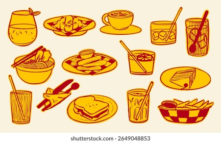 Retro Line Art Food And Drink Cafe Pack. A bold collection of retro line art food and drink illustrations including coffee ramen cake fries cocktails. Perfect for cafe menus branding snack visual