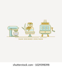 Retro line art icons of stand mixer, two tier cake and cash register in golden and mint blue color hues