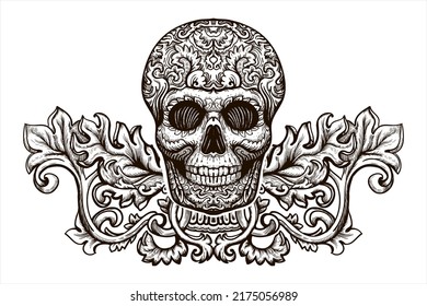 Retro line art poster with black skull on white background. Isolated vector illustration. Retro vector illustration. Black background. Vintage style. Vector illustration design. Holiday concept.