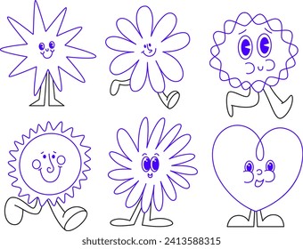 Retro line cartoon funny comic characters abstract stickers with smiling character and mascots icons set. shapes comic characters crayon drawing style  Vector illustration, logo design graphic