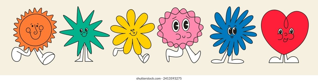Retro line cartoon funny comic characters abstract stickers with smiling character and
mascots icons set. shapes comic characters crayon drawing style Vector illustration, logo
design graphic