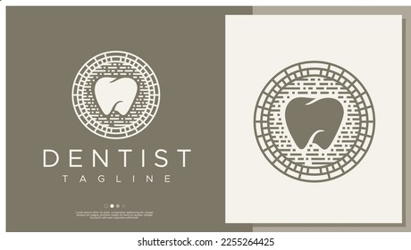 Retro line dental logo design concept. Dental line logo branding.