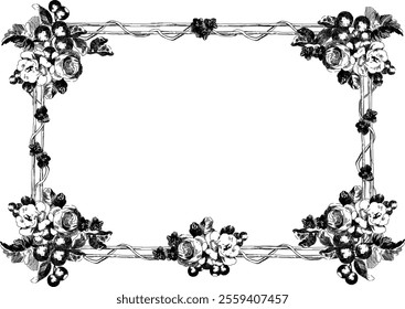 Retro line drawing frame of flowers and ivy.