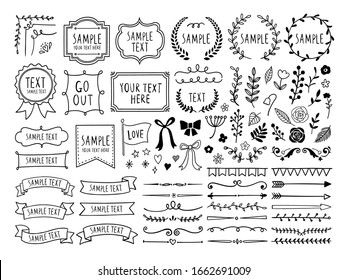 Retro line drawing frames, ribbons, decorations and plants. - Shutterstock ID 1662691009