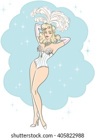 Retro line drawing of a sexy vintage Las Vegas Burlesque Showgirl with feathered headpiece and rhinestone encrusted corset in a pinup pose