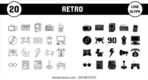 Línea Retro Glifo Ilustración vectorial Icono Pegatina Set Diseño Materiales