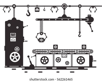 Retro Line of Production.Vintage Black Machine Isolated on White Background.