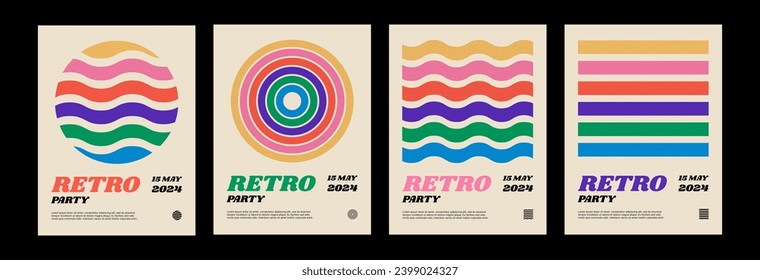 Retro line rainbow posters pack. 1970 waves for a vintage style music party. Vector illustration.