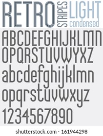 Retro line stripes effect font, light condensed version, pattern old style alphabet. Best for use as a headlines in advertising stylish retro graphic designs. Vector.